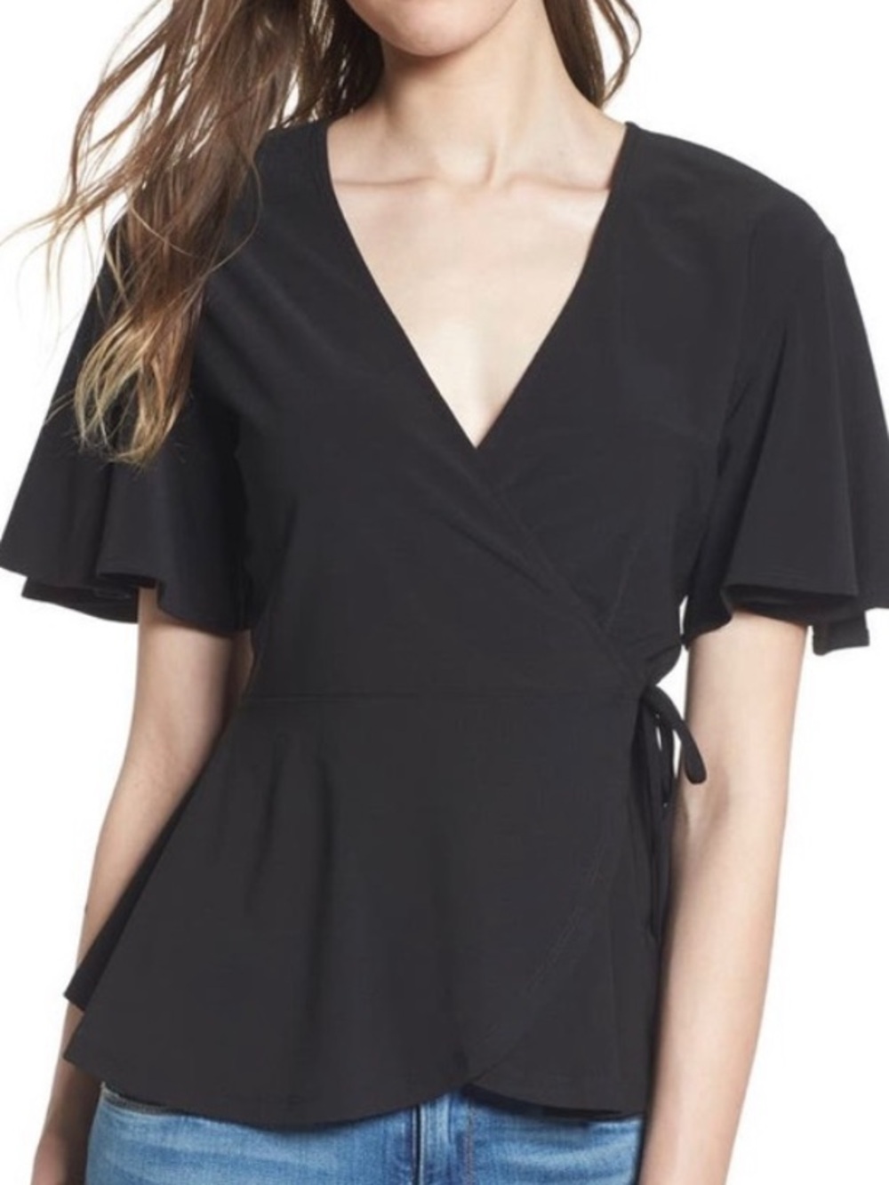 V-Neck Wrap Flutter Sleeve Top